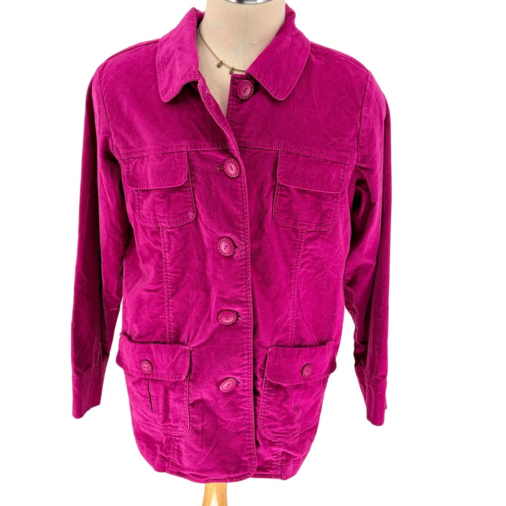Denim & Co Jacket Large Magenta Pink Corduroy Button Front Utility Field Coat